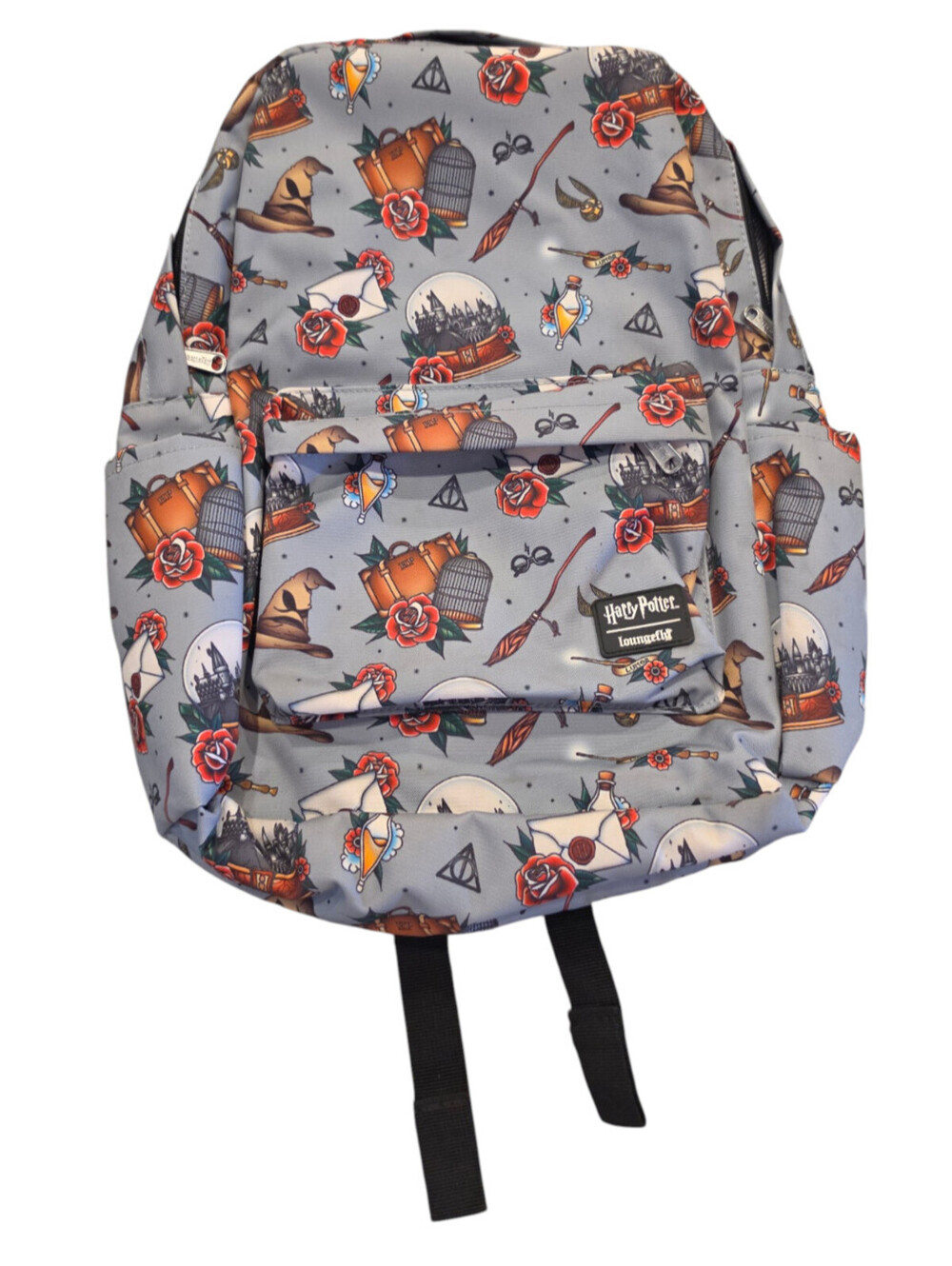 Loungefly x Harry Potter Gray Relics Tattoo Design Backpack Bookbag Full Size
